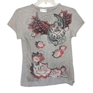 Time and a Half Y2K Floral rose grunge sequin wings goth woman's Tshirt size L